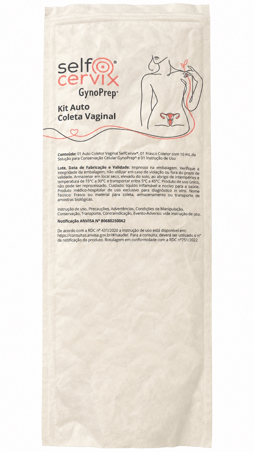 Embalagem atual do kit SelfCervix® GynoPrep, com identificação e informações do produto